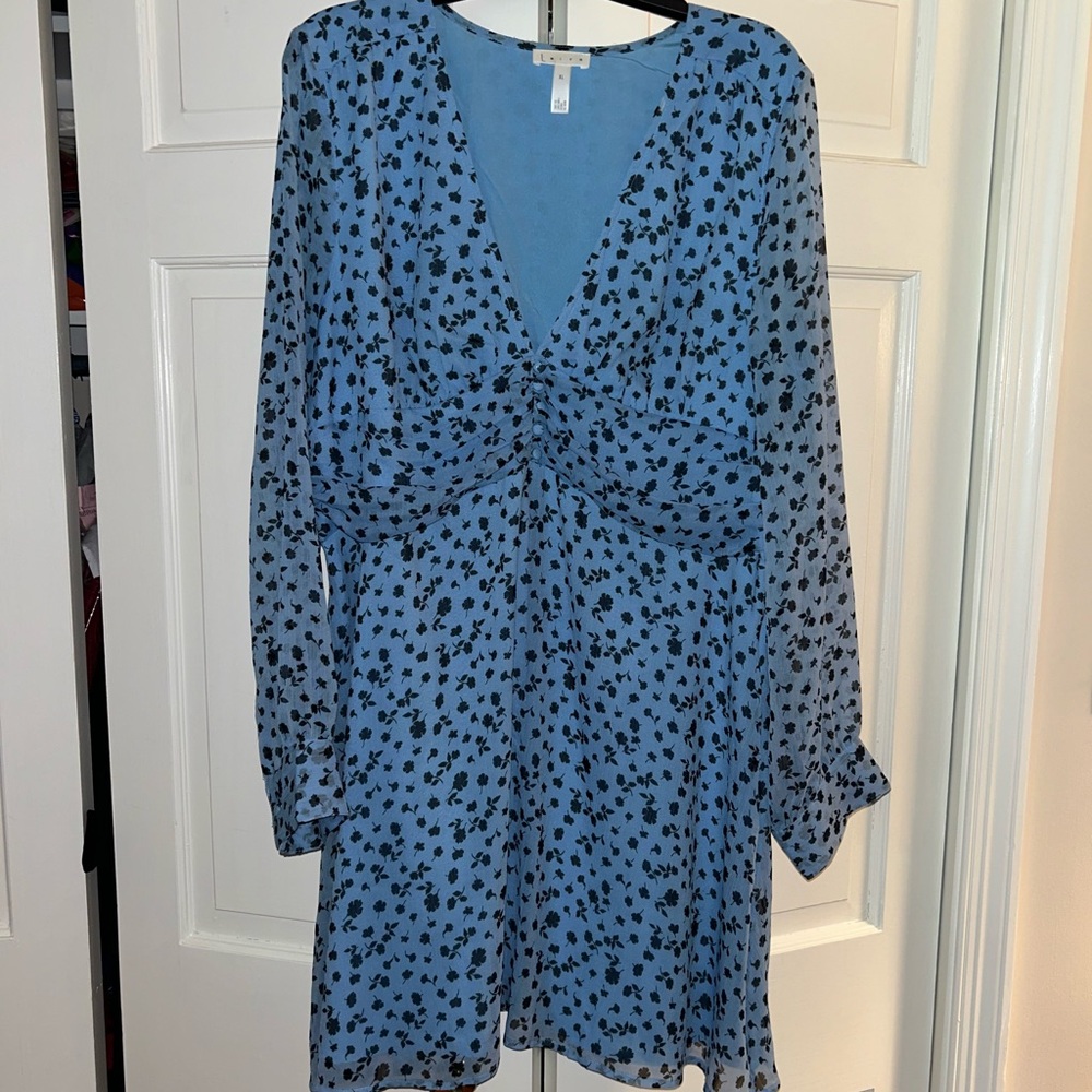 Leith Blue and Black Ruched Waist Dress with Bishop Sleeves